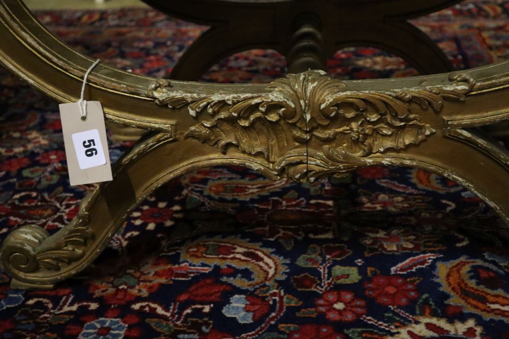 A 19th century giltwood X frame dressing stool, width 62cm, depth 41cm, height 46cm